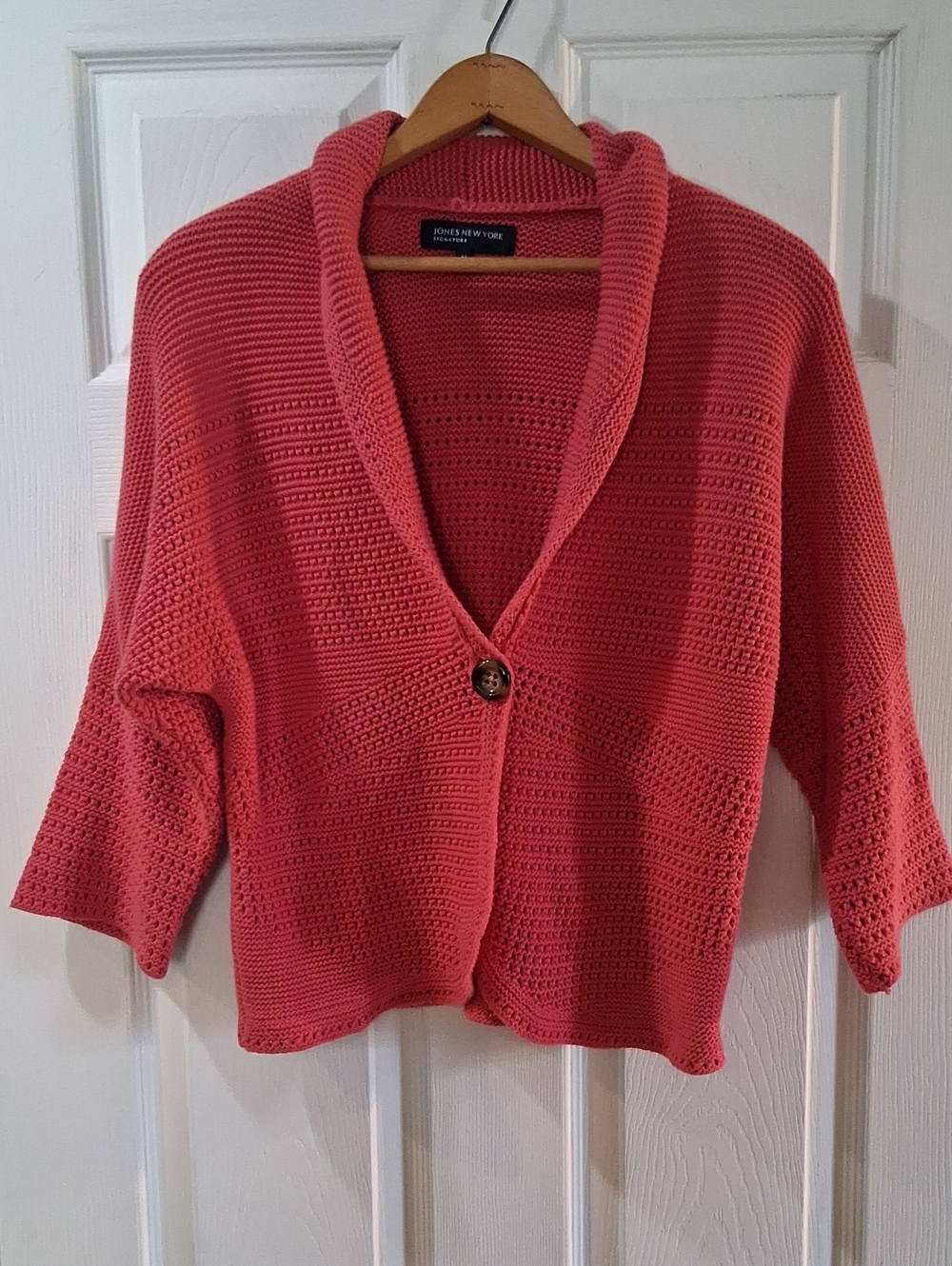 Jones New York Coral-Pink Open Knit Single-Button Cardigan